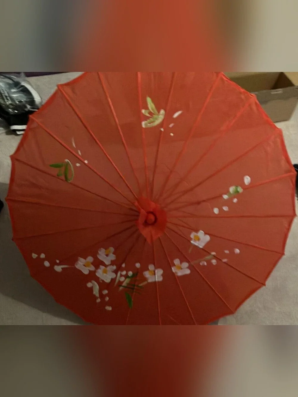 Red Floral Paper Parasol with Hand-Painted Blossoms Japanese - Picture 1 of 4